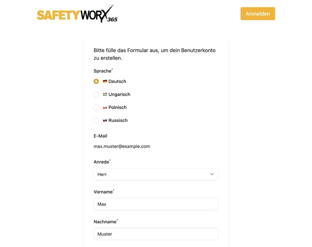 Mehrsprachiges Registrierungsformular.