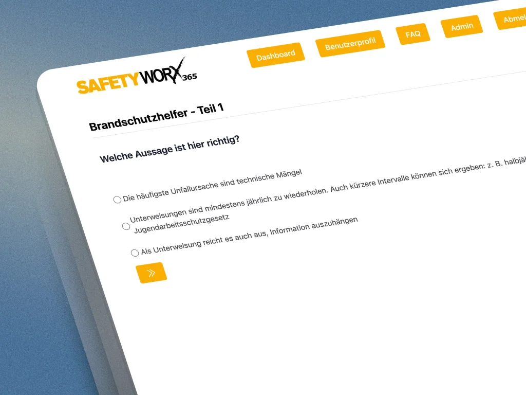 SafetyWorx safety instruction (Sicherheitsunterweisung) training interface.