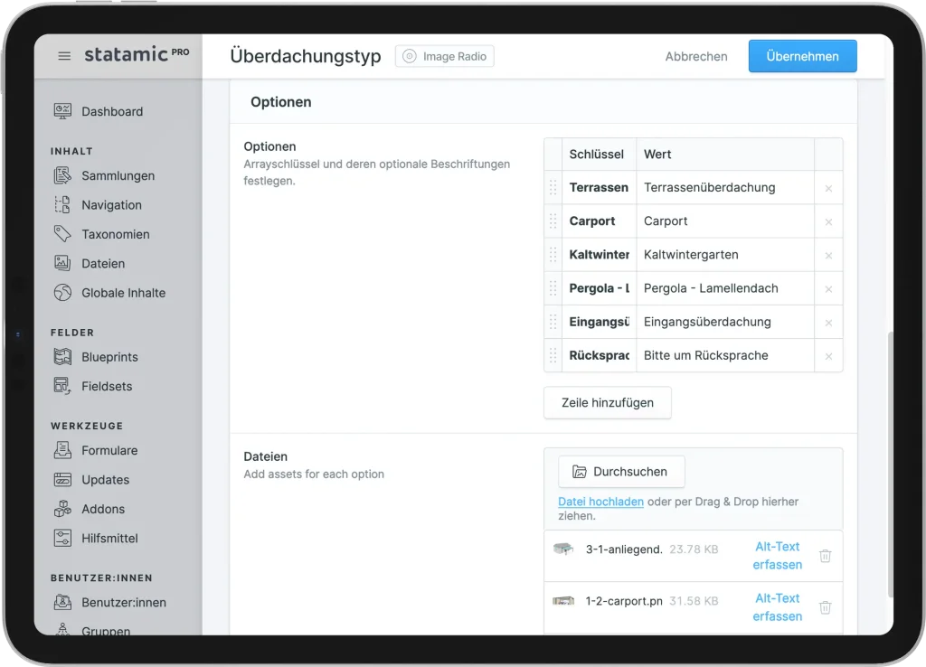 Statamic Produktkonfigurator - Control Panel - Produktvarianten.