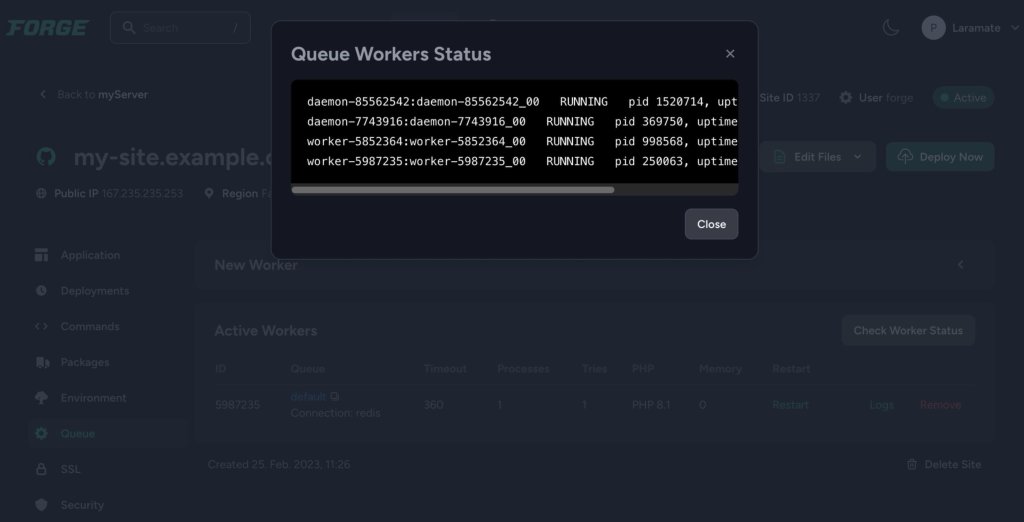 Laravel Forge: Check Queue and Deamon ID for restart via Deployment Script.