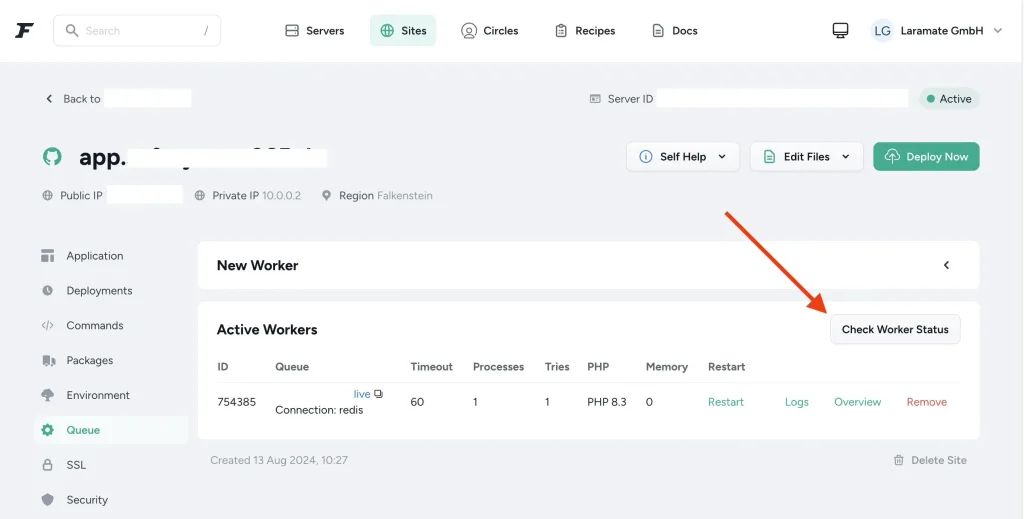 Laravel Forge Redis Worker Status Dialog.