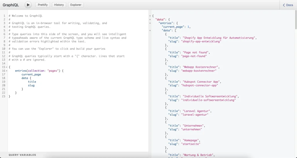 Statamic CMS GraphiQL editor control panel.