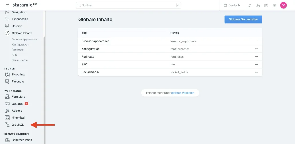 Statamic CMS GraphQL control panel interface.
