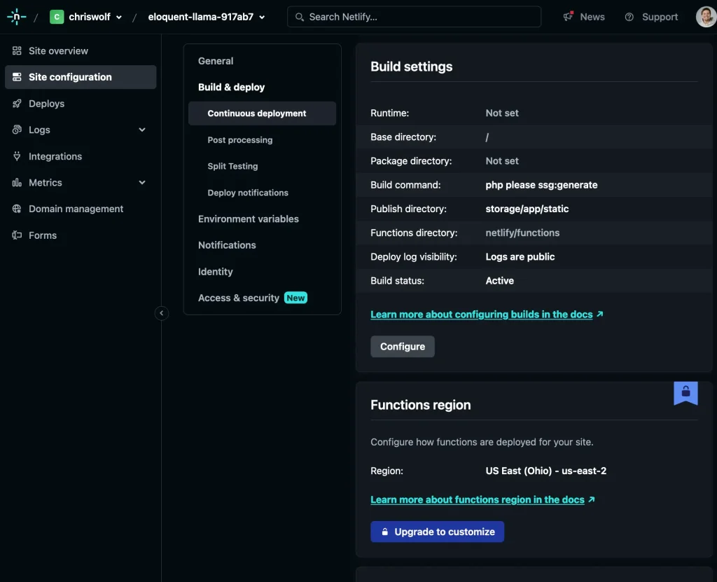 Statamic Netlify build settings configuration panel.