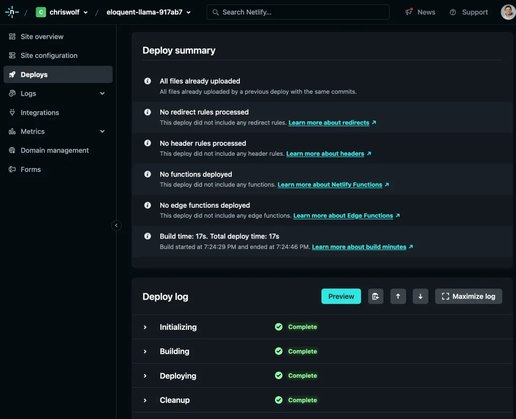 Statamic CMS deployment configuration on Netlify hosting platform.