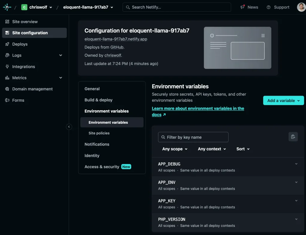 Statamic Netlify environment variables settings.