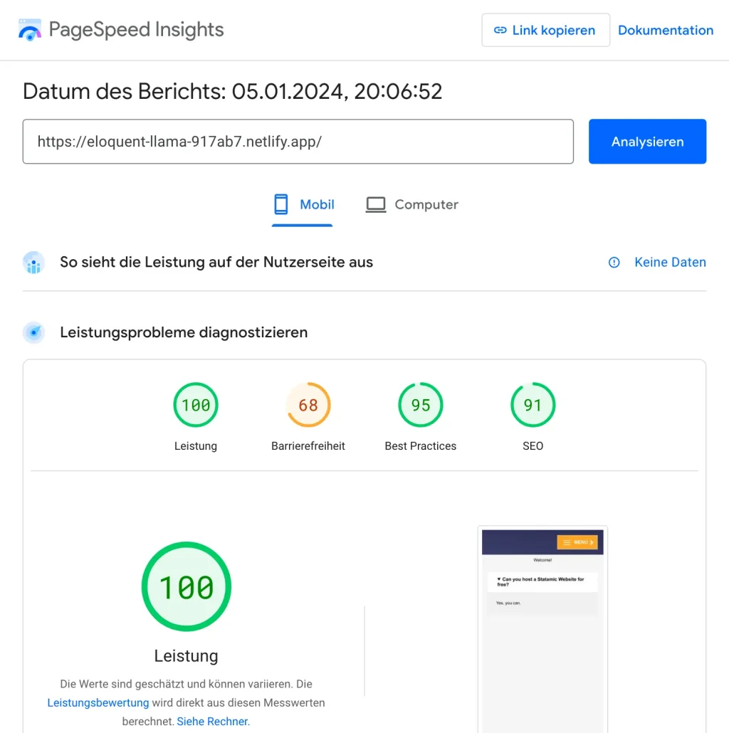 Statamic on Netlify hosting PageSpeed performance results.